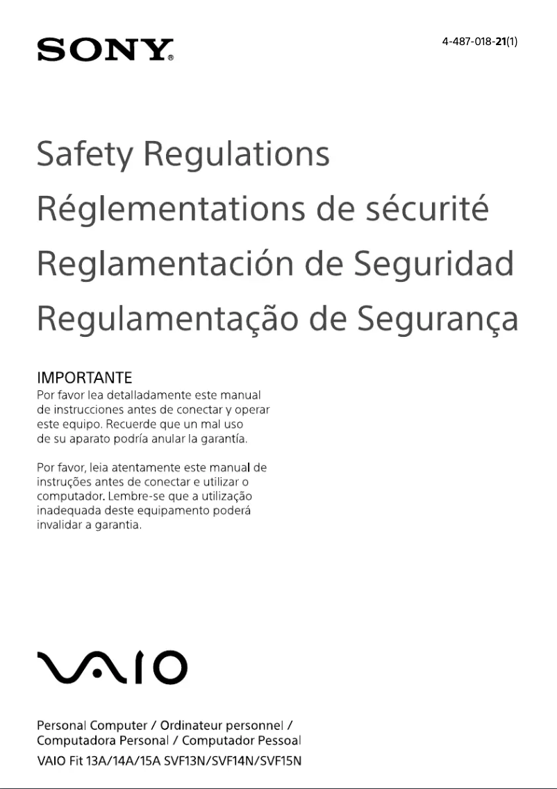 Page 1 de la notice Instructions de sécurité Sony Vaio Fit 15 SVF15N190S