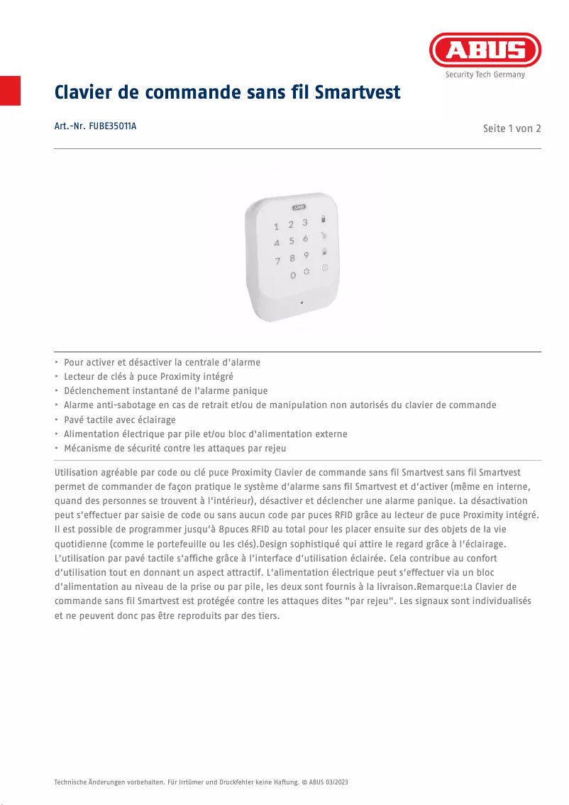 Page 1 de la notice Fiche technique Abus FUBE35011A