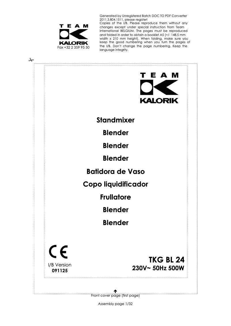 Page 1 de la notice Manuel utilisateur Kalorik TKG BL 24