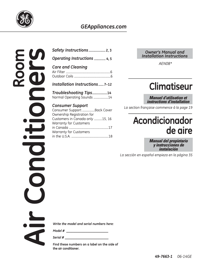 Page 1 of the manual Instruction Manual GE AEN08LQ