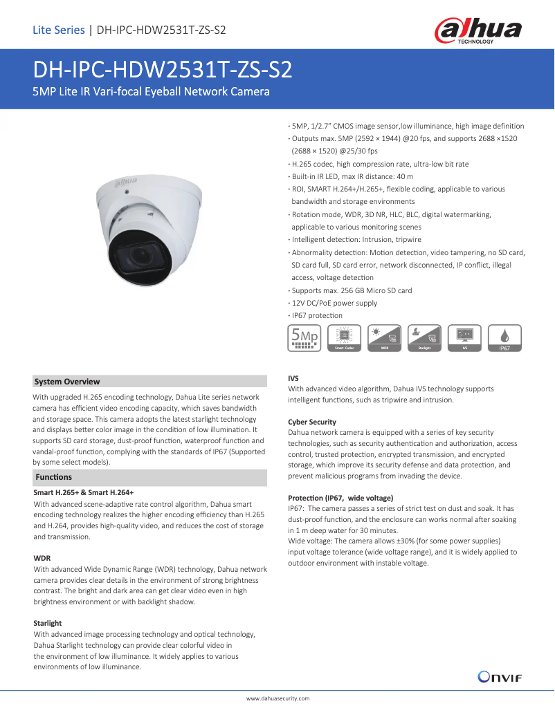 Page 1 de la notice Fiche technique Dahua Technology IPC-HDW2531T-ZS-S2