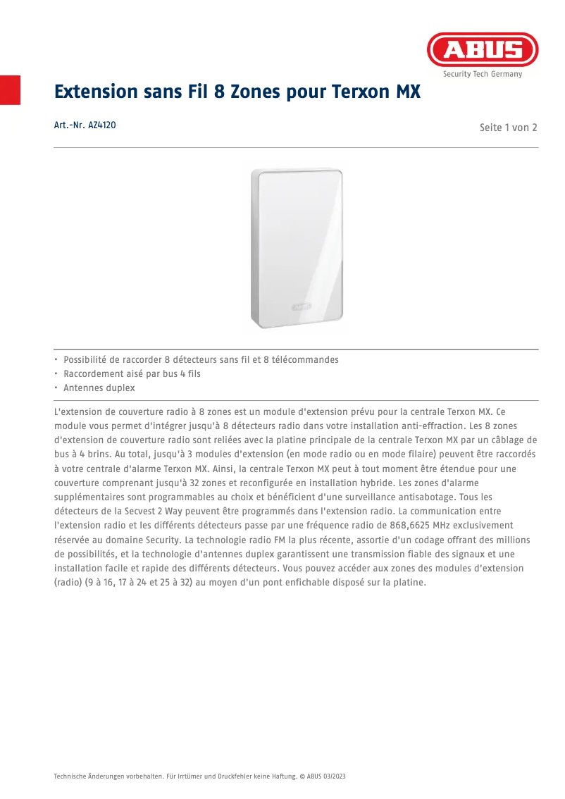 Page 1 de la notice Fiche technique Abus AZ4120