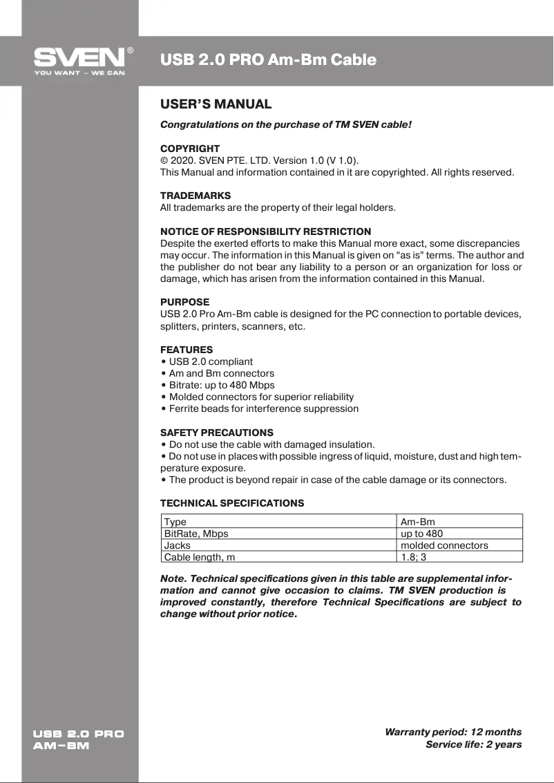 Page 1 de la notice Manuel utilisateur Sven USB 2.0 PRO AM-BM