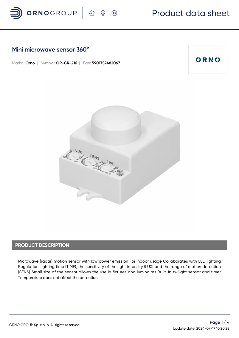 Page 1 de la notice Fiche technique ORNO OR-CR-216
