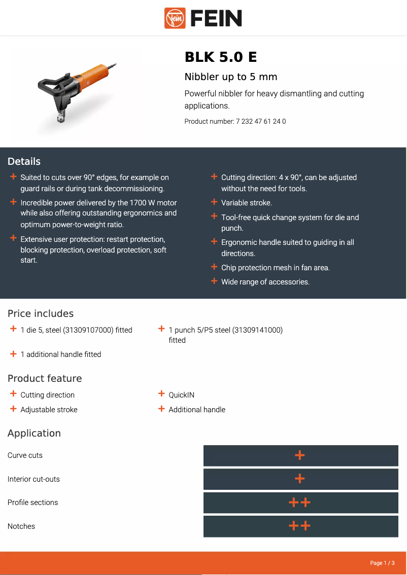 Page 1 de la notice Fiche technique Fein BLK 5.0 E