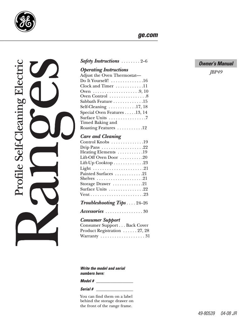 Page n°1 - Manuel d'utilisation et d'entretien GE Profile JBP49CKCC