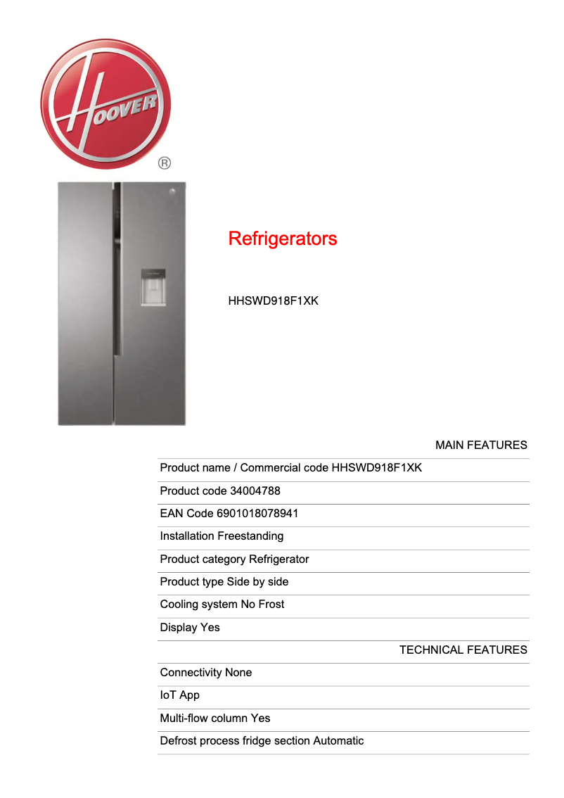 Página 1 del manual Ficha técnica Hoover HHSWD918F1XK