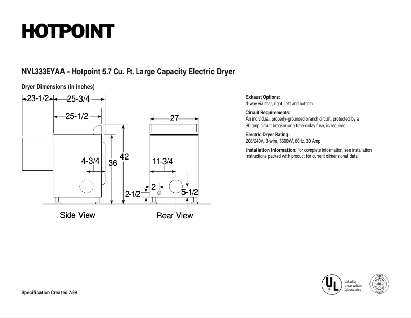 Página 1 del manual Ficha técnica Hotpoint NVL333EYAA
