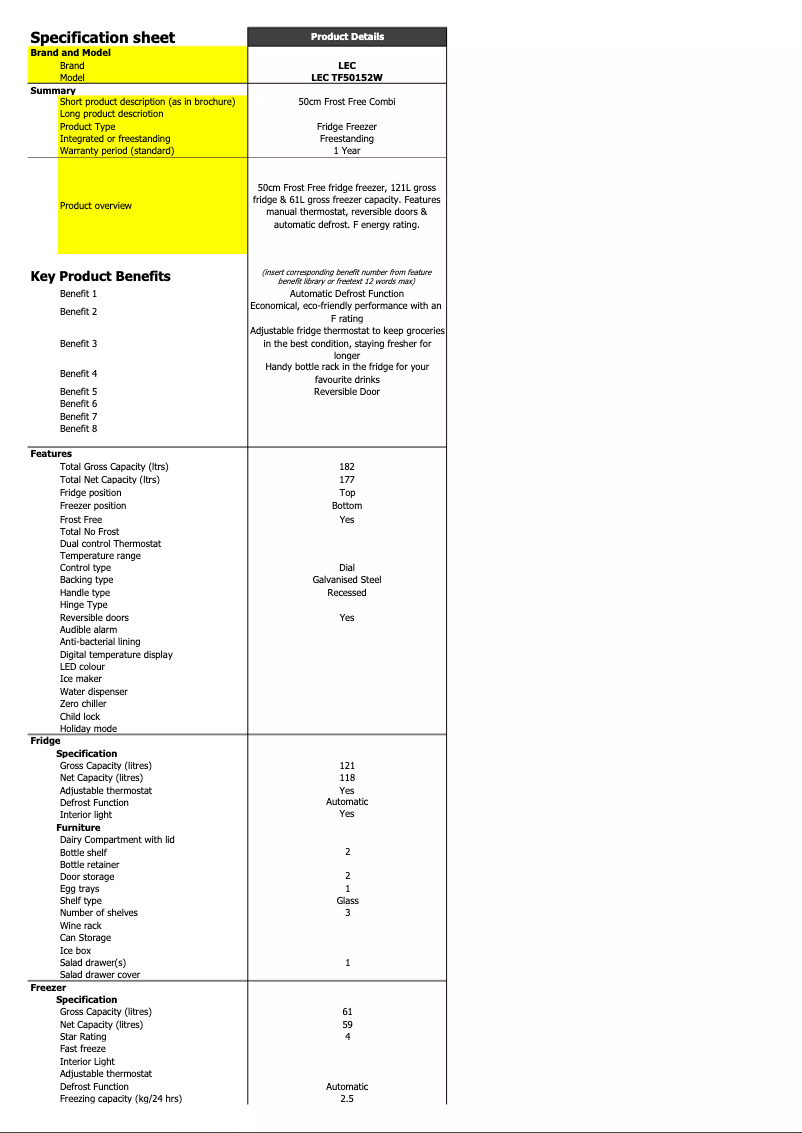 Página 1 del manual Ficha técnica LEC TF50152