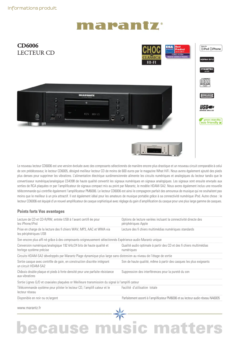 Page 1 de la notice Fiche technique Marantz CD6006