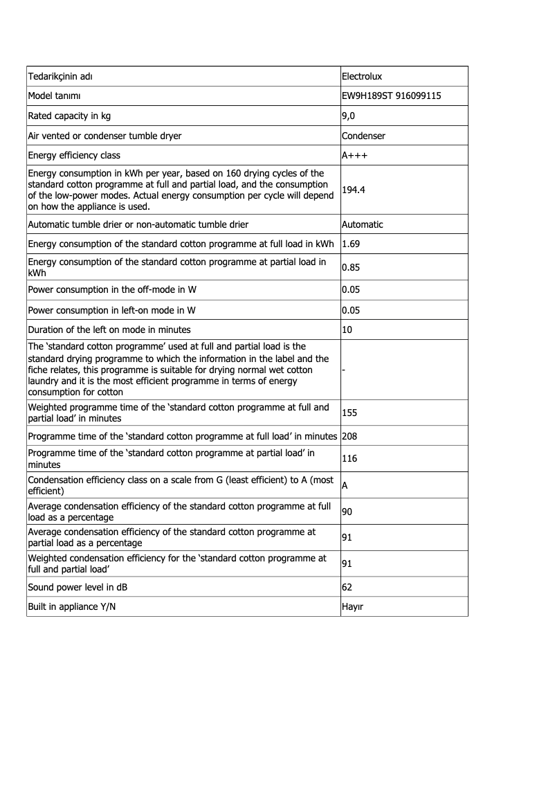 Página 1 del manual Ficha técnica Electrolux EW9H189ST