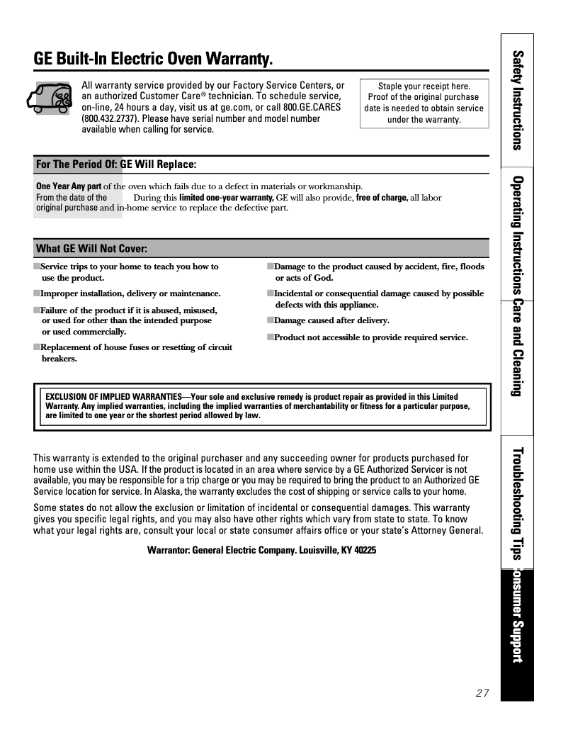 Page n°1 - Informations de garantie GE JTS3000SNSS
