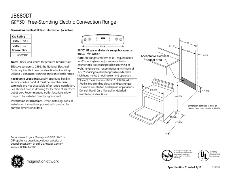 Página 1 del manual Ficha técnica GE JB680DTWW