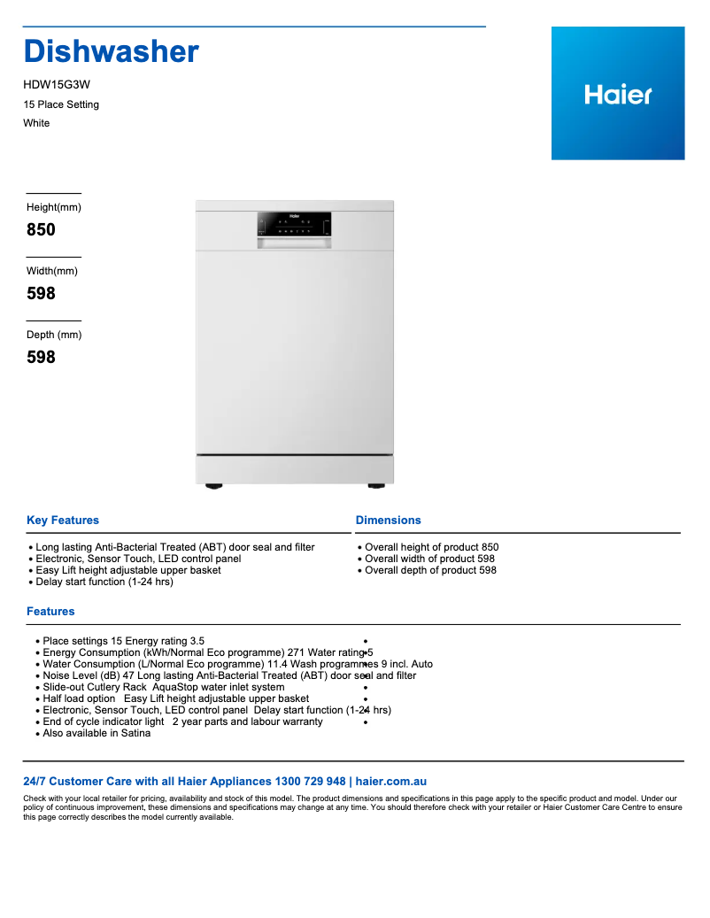 Page 1 de la notice Fiche technique Haier HDW15G3W