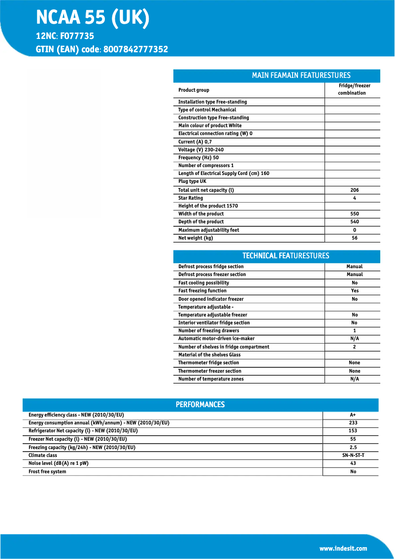 Página 1 del manual Ficha técnica Indesit NCAA 55 (UK)