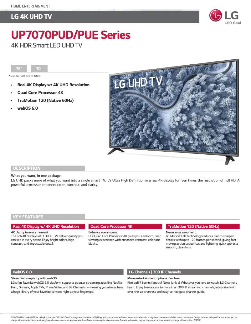 Page 1 de la notice Fiche technique LG 75UP7070PUD