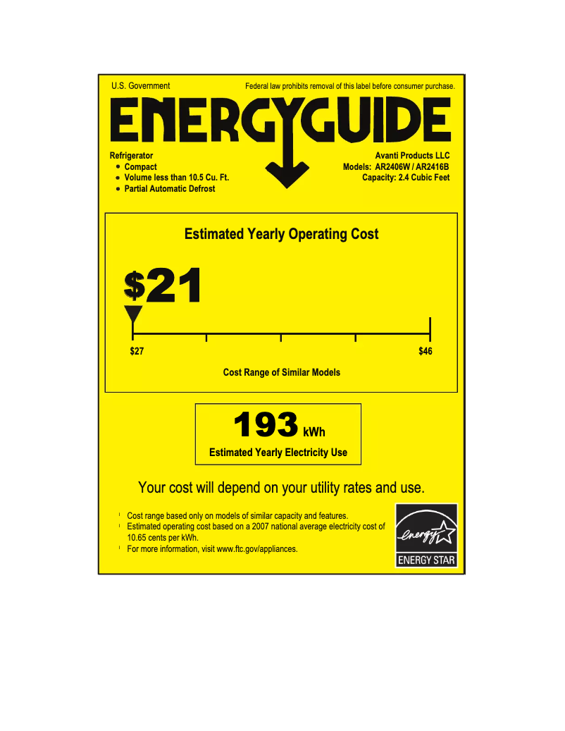 Page 1 de la notice Label énergétique Avanti AR2406