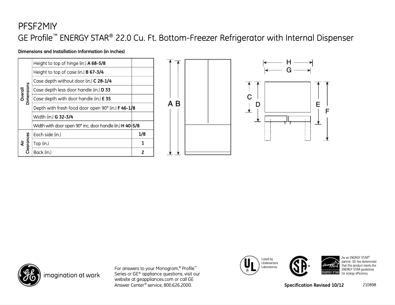 Página 1 del manual Ficha técnica GE PFSF2MIYBB