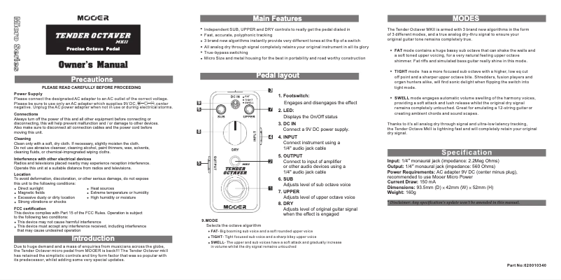 Page 1 de la notice Manuel utilisateur Mooer Tender Octaver MKⅡ