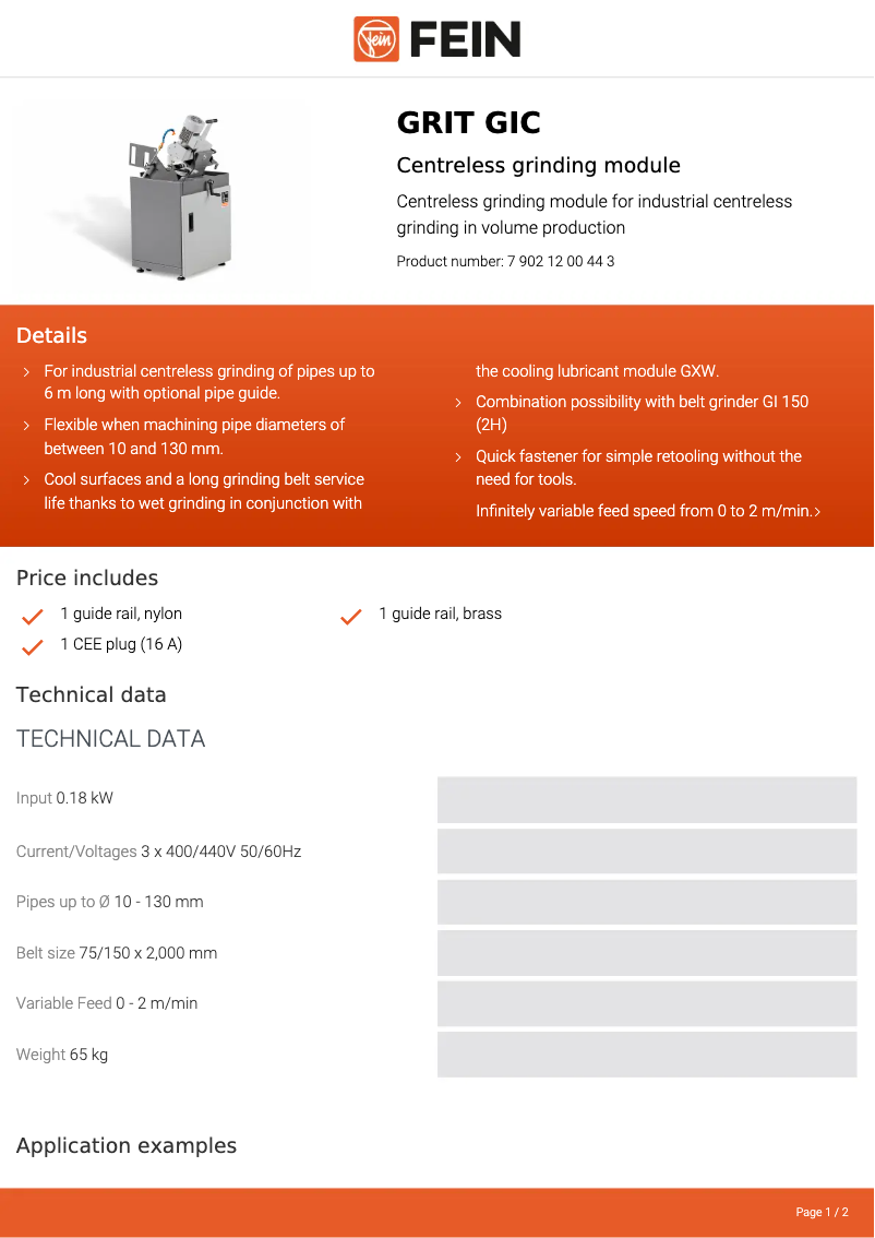 Page 1 de la notice Fiche technique Fein GRIT GIC
