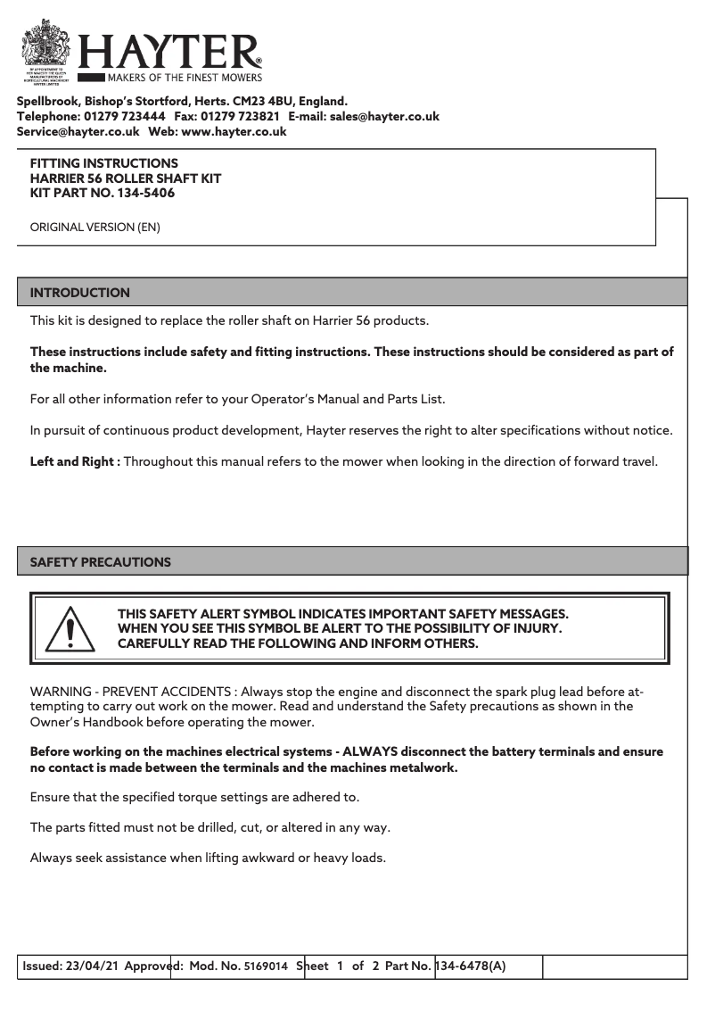 Page 1 de la notice Guide d'installation Hayter Harrier 56