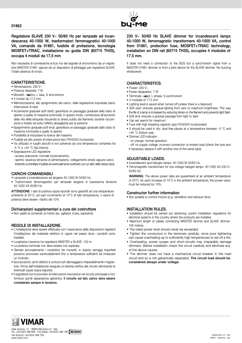 Page 1 de la notice Manuel utilisateur Vimar 01862