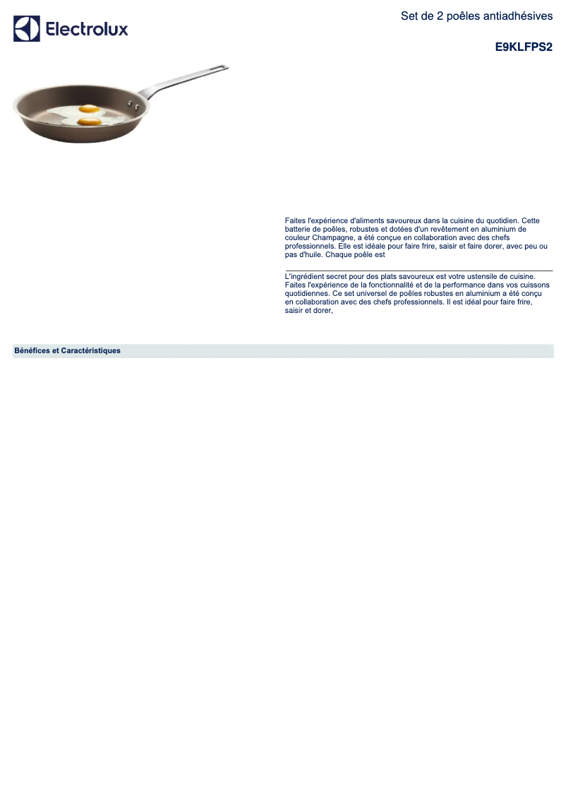Page 1 de la notice Fiche technique Electrolux E9KLFPS2