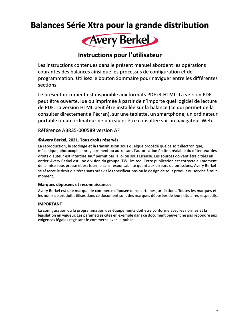 Page 1 de la notice Manuel utilisateur Avery Berkel XTs400