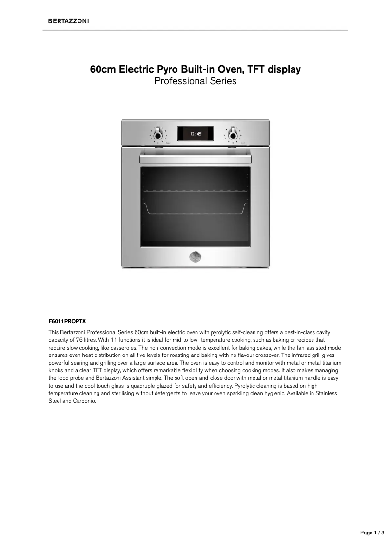 Page 1 de la notice Fiche technique Bertazzoni F6011PROPTX