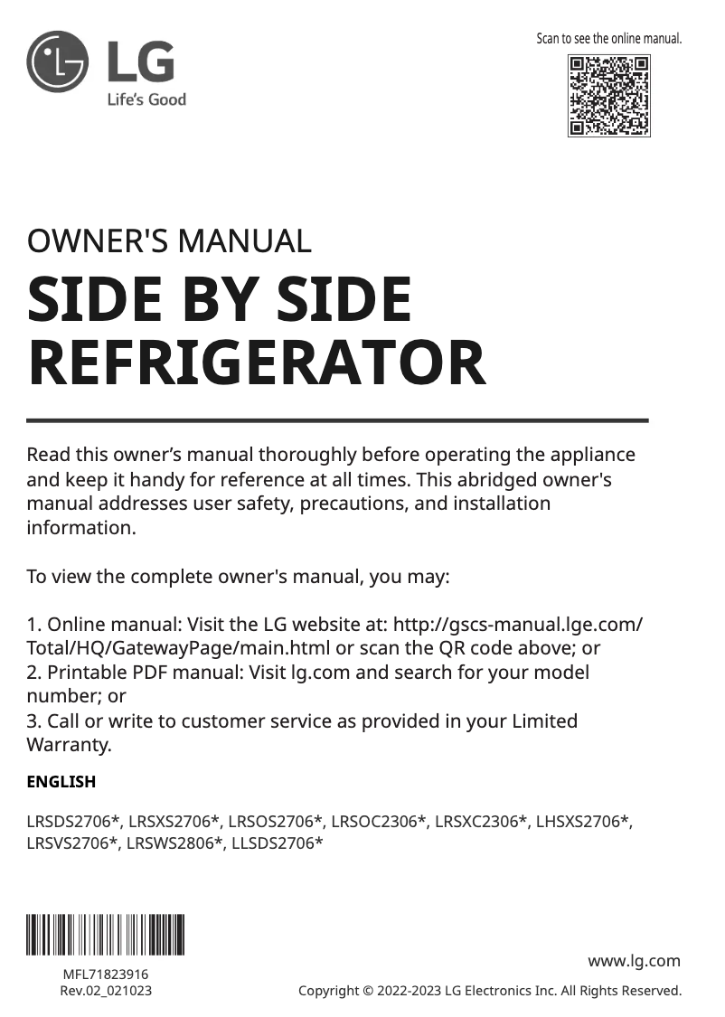 Page 1 de la notice Manuel utilisateur LG LRSOC2306D