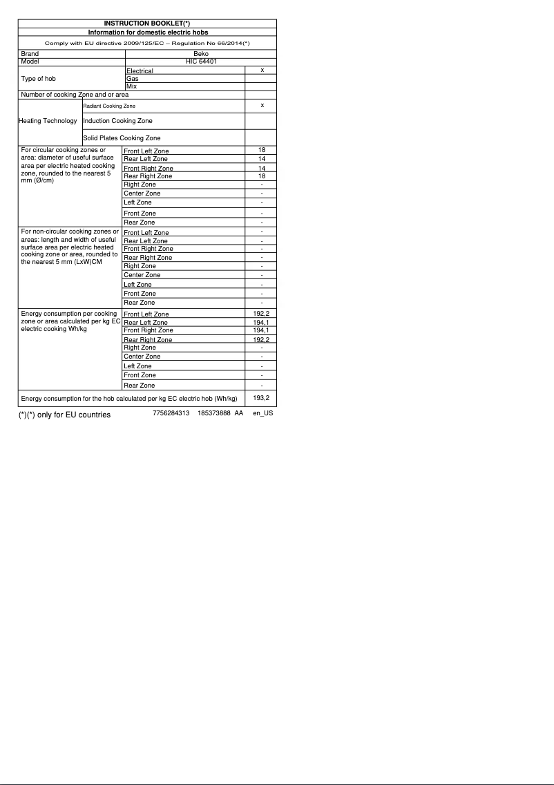 Page 1 de la notice Fiche technique Beko HIC 64401