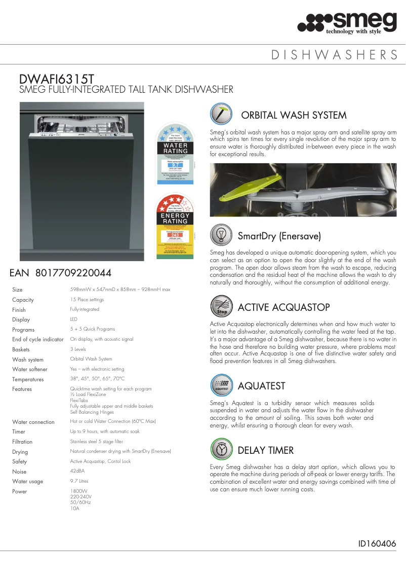 Page 1 de la notice Fiche technique Smeg DWAFI6315T