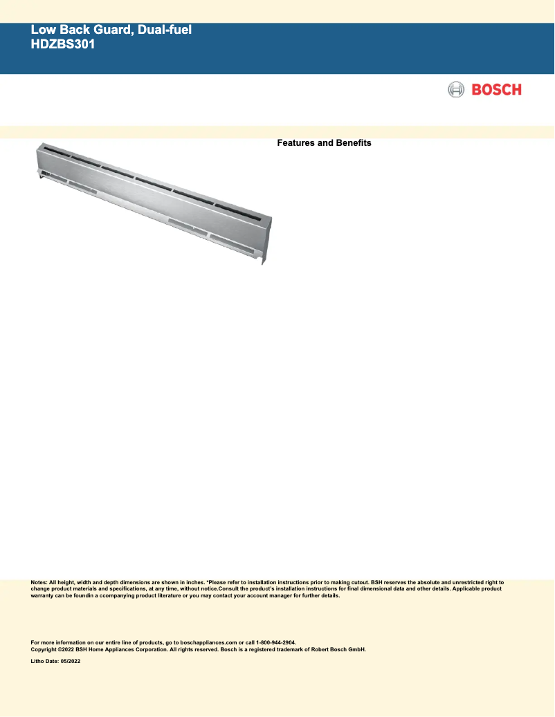 Page 1 of the manual Technical Sheet Bosch HDZBS301