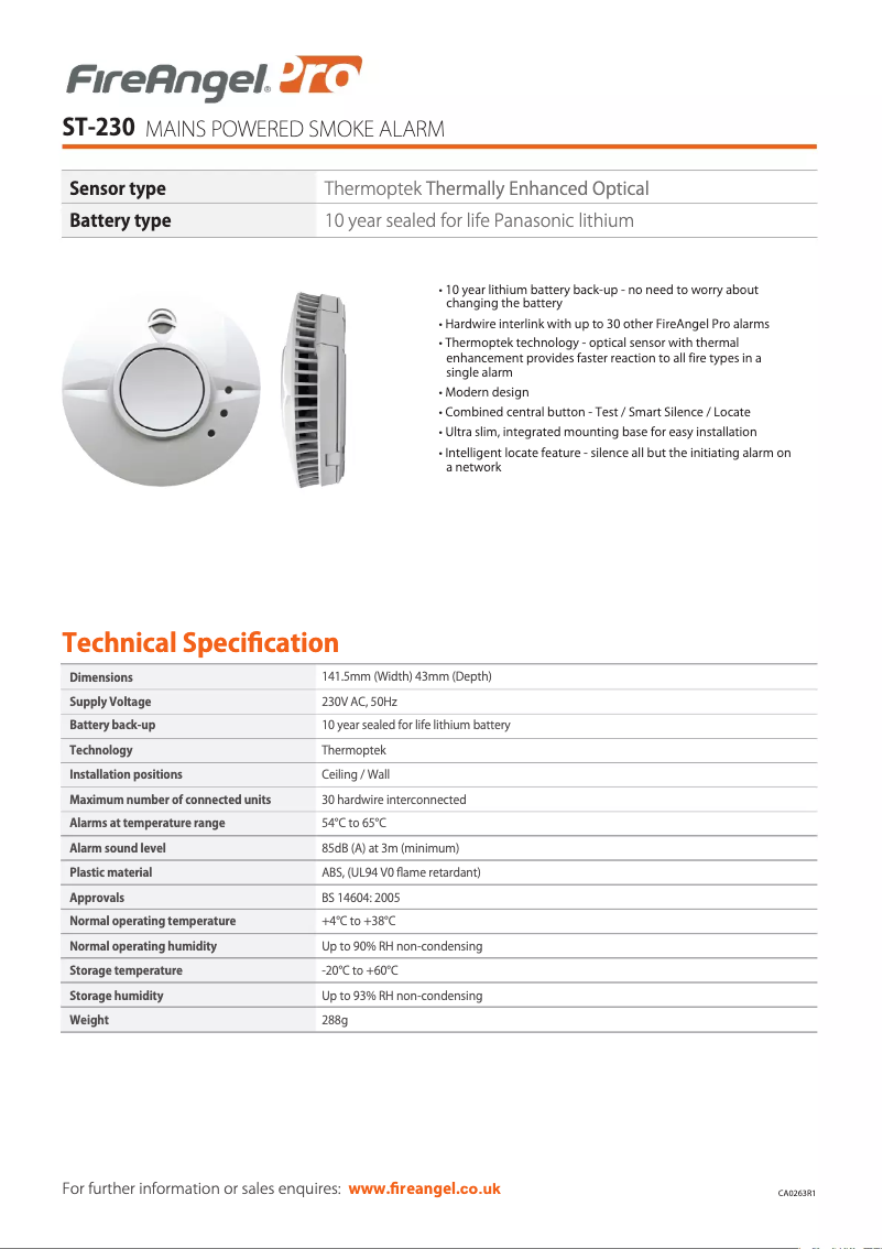 Page 1 de la notice Fiche technique FireAngel ST-230
