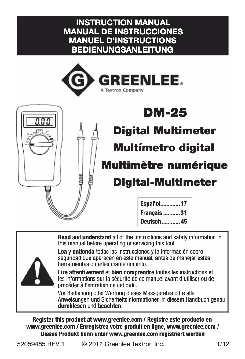Page 1 of the manual User Manual Greenlee DM-25