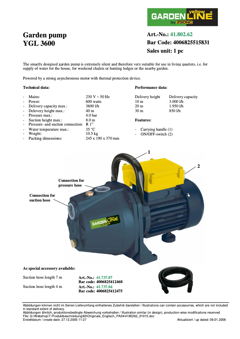 Page 1 de la notice Manuel utilisateur Yellow Garden Line YGL 3600
