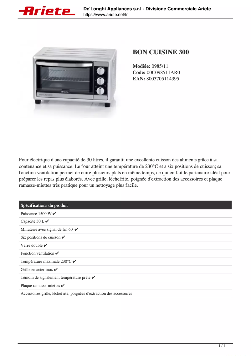 Page 1 de la notice Fiche technique Ariete Bon Cuisine 300