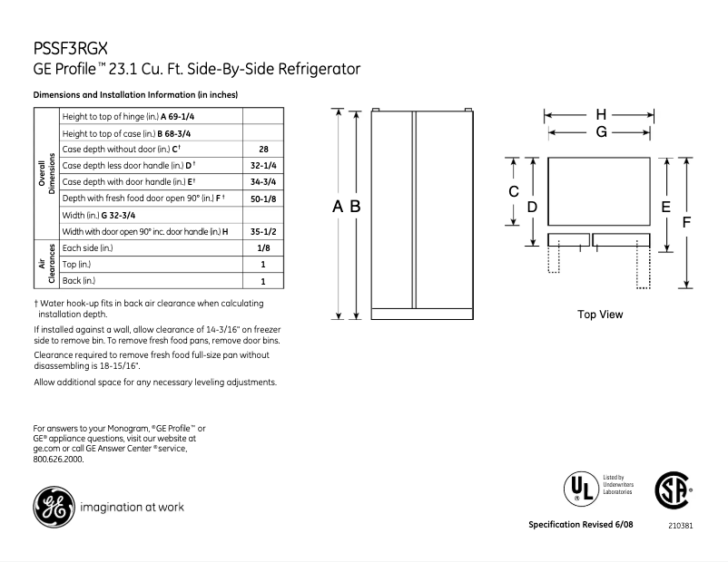 Página 1 del manual Ficha técnica GE Profile PSSF3RGXCC