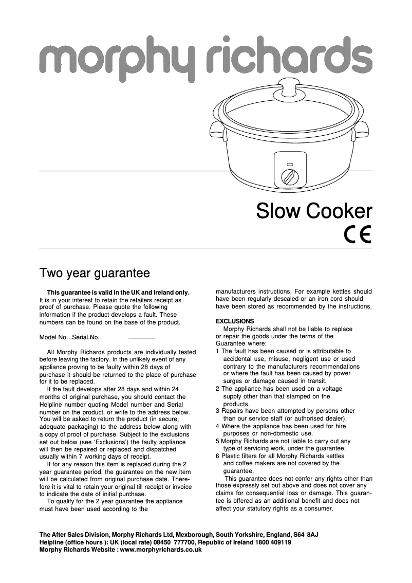 Página 1 del manual Manual de usuario Morphy Richards Sear & Stew 48710