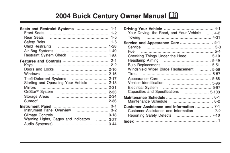 Page 1 de la notice Manuel utilisateur Buick Century (2004)