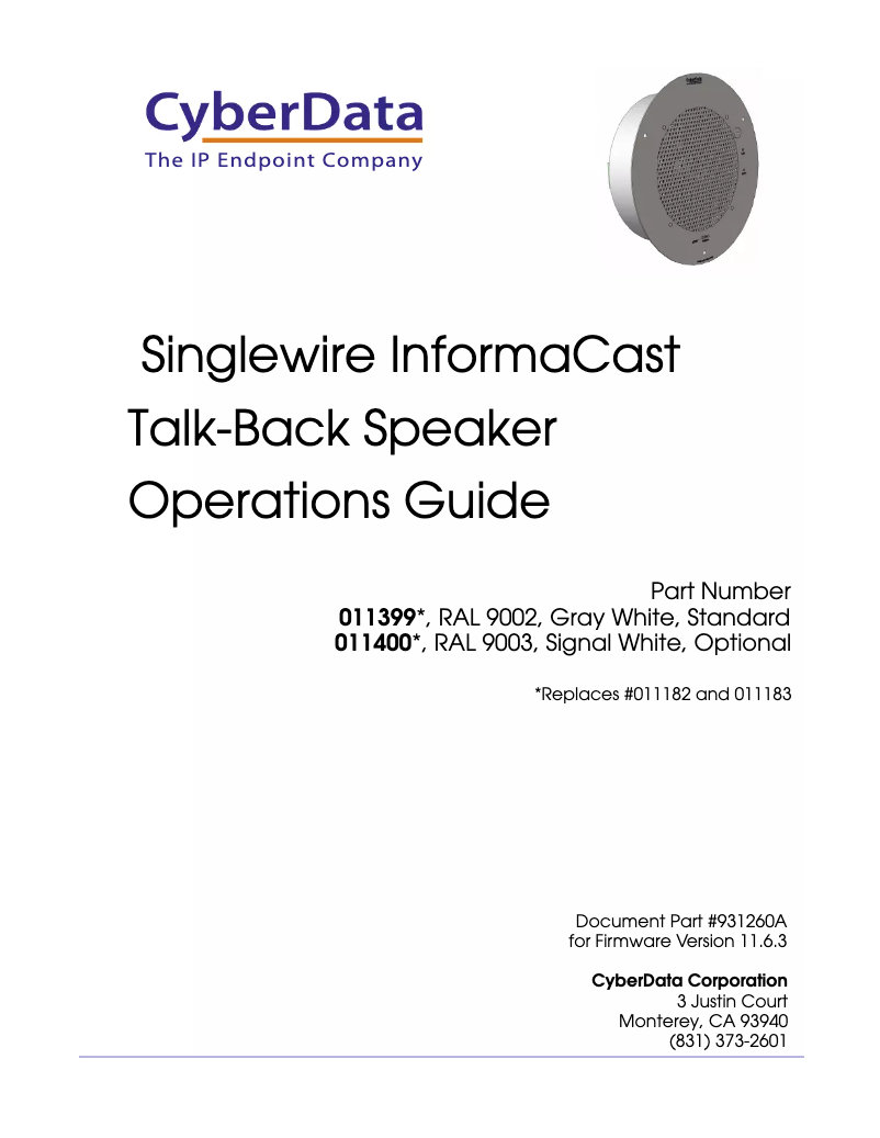 Page 1 de la notice Manuel utilisateur CyberData Systems InformaCast