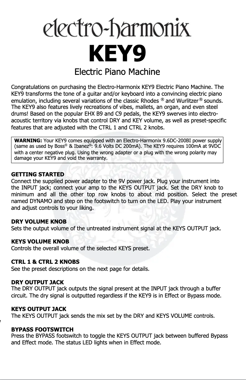Page 1 of the manual User Manual Electro Harmonix KEY9