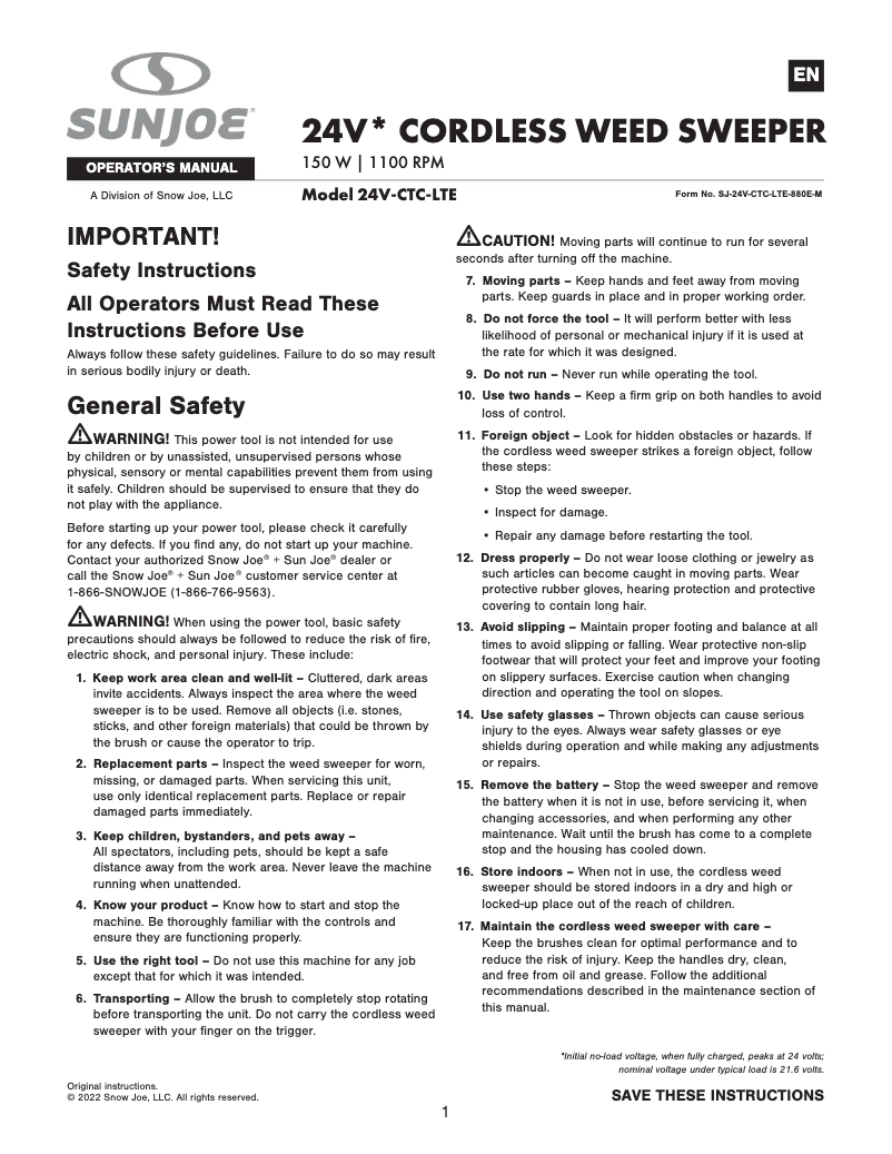 Page 1 de la notice Manuel utilisateur Sun Joe 24V-CTC-LTE