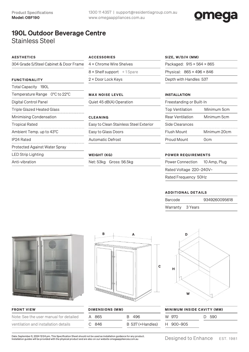 Page 1 of the manual Technical Sheet Omega OBF190