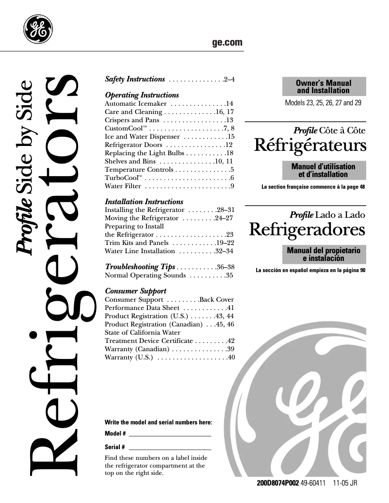 Page n°1 - Manuel d'utilisation et d'entretien GE Profile PSH25SGSSV