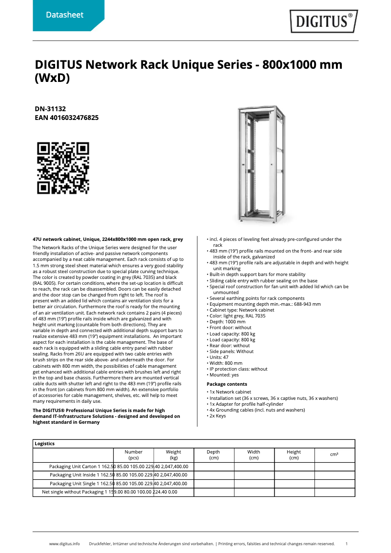 Page 1 de la notice Fiche technique Digitus DN-31132