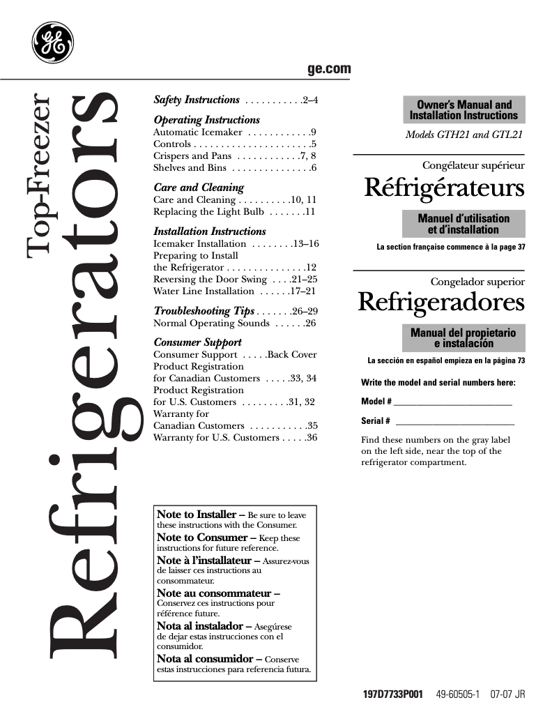 Page 1 de la notice Manuel utilisateur GE GTS21KBXWW