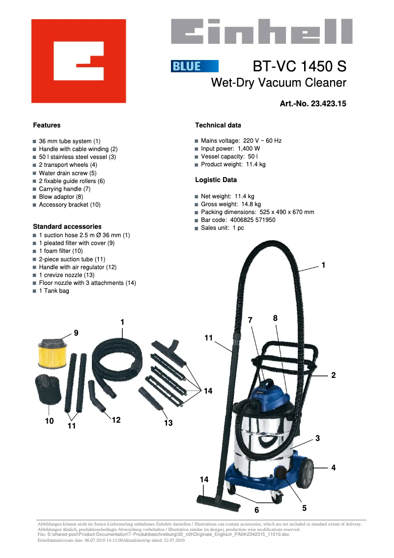 Page 1 de la notice Manuel utilisateur Einhell BT-VC 1450 S