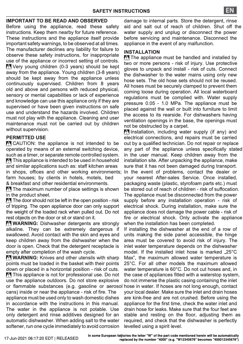 Page 1 of the manual Safety Instructions Bauknecht BSIO 3O35 PFE X CH