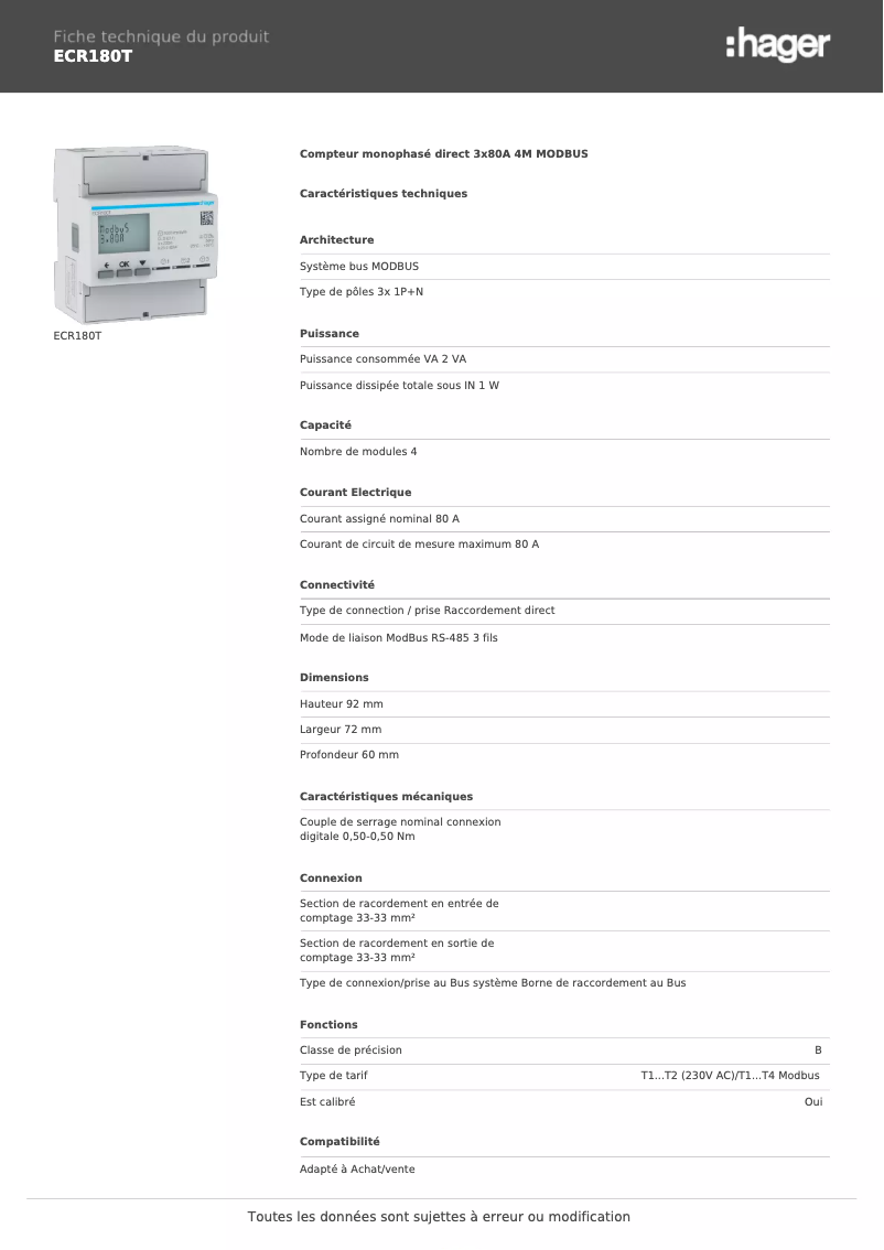 Page 1 of the manual Technical Sheet Hager ECR180T